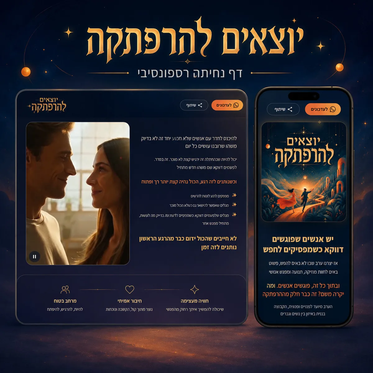 דף הנחיתה של יוצאים להרפתקה, בתצוגת דסקטופ לצד תצוגת מובייל